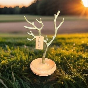 Handcrafted Gold Metal Branch Jewelry Tree Organizer with Wood Tray Base India